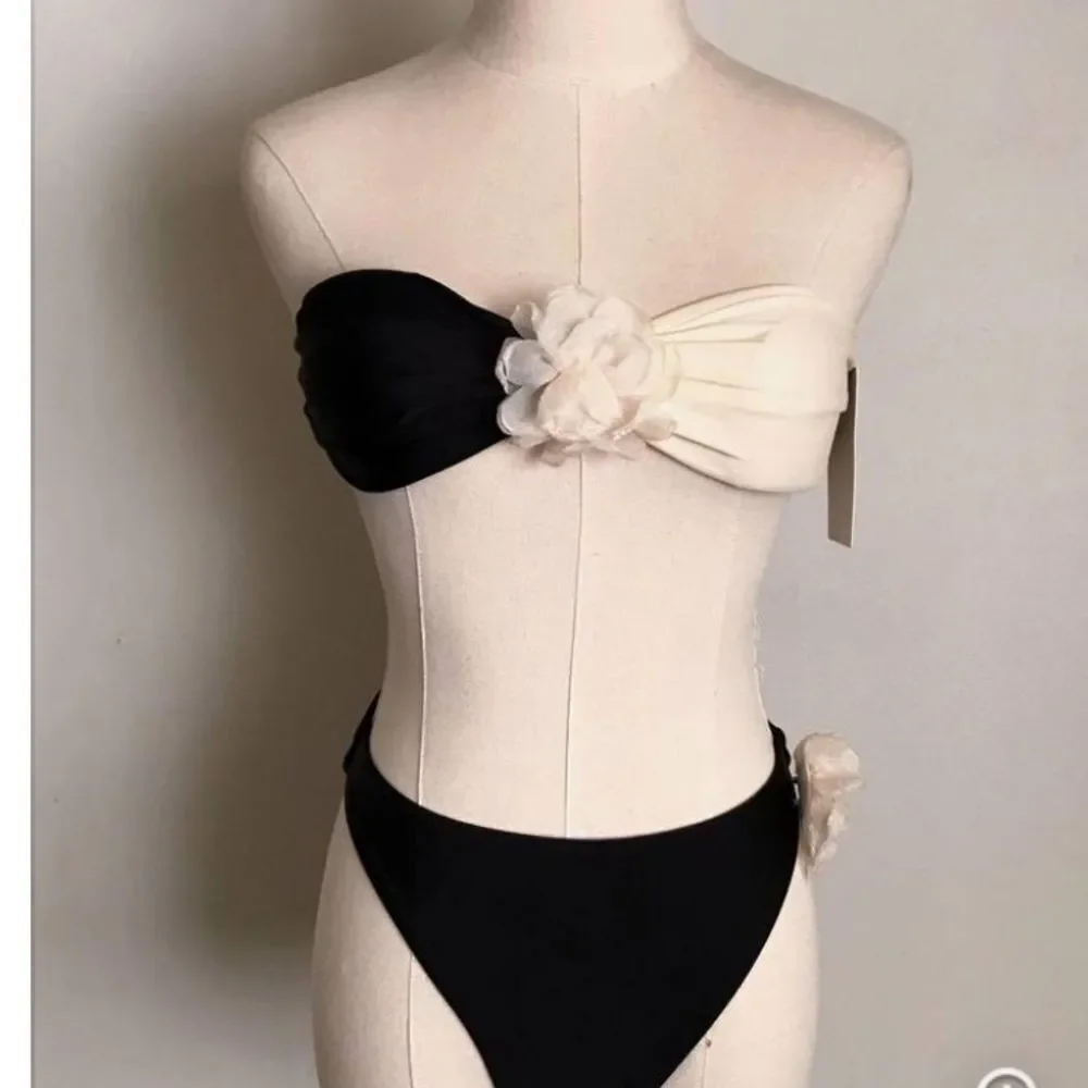 Sunday Brunch |‎ Two Tone Florette Retro Style High Waist Bikini Set Medium